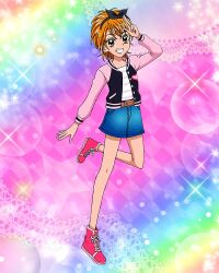 Rule 34 | 1girl, artist request, brown eyes, brown hair, casual, commentary, denim, denim skirt, english commentary, eyelashes, futari wa precure, gradient background, hairband, happy, highres, jacket, looking at viewer, misumi nagisa, official art, pink footwear, pink jacket, precure, precure connection puzzlun, shoes, short hair, skirt, smile, solo, standing, third-party source