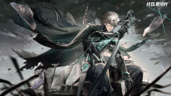Rule 34 | 1boy, artist request, bad source, cape, cloud, covering one eye, debris, eyepatch, facial hair, fence, frown, glass, glass shards, glowing heart, grey hair, gun, highres, holding, holding sword, holding weapon, looking at viewer, mechanical heart, mechanical parts, metal, official art, punishing: gray raven, reflection, shotgun, sitting, stubble, sword, torn cape, torn clothes, watanabe (punishing: gray raven), weapon, weibo watermark, wind, yellow eyes