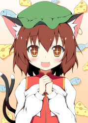Rule 34 | + +, 1girl, :3, animal ears, blush, bow, brown eyes, brown hair, cat ears, cat tail, cheese, chen, dress, ear piercing, earrings, fang, fish, food, hat, highres, jewelry, long sleeves, mizuki (kogetsu-tei), mob cap, multiple tails, nekomata, open mouth, piercing, red dress, shirt, single earring, smile, solo, tail, touhou, upper body