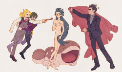 1girl 3boys apron black_hair blanket blonde_hair blush brassius_(pokemon) breasts clodsire collarbone completely_nude covering_breasts covering_crotch covering_privates creatures_(company) fine_art_parody formal full_body game_freak green_hair grey_hair hassel_(pokemon) larry_(pokemon) long_hair looking_at_viewer multicolored_hair multiple_boys navel necktie nicca11y nintendo nude open_mouth paintbrush parody pokemon pokemon_sv red_eyes rika_(pokemon) shouting small_breasts suit the_birth_of_venus two-tone_hair very_long_hair