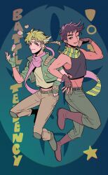 Rule 34 | 2boys, battle tendency, black shirt, blonde hair, blue background, blue eyes, boots, brown footwear, brown gloves, brown hair, brown pants, brown shirt, closed mouth, collared jacket, commentary, cropped jacket, cropped shirt, english text, fingerless gloves, floating, full body, gloves, gradient background, green gloves, green jacket, green pants, green scarf, grin, hand up, headband, highres, jacket, jojo no kimyou na bouken, knee pads, looking at viewer, male focus, midriff peek, multiple boys, one eye closed, pants, robodumpling, scarf, shirt, shoes, short hair, sleeveless, sleeveless shirt, smile, star (symbol), striped clothes, striped scarf, symbol-only commentary