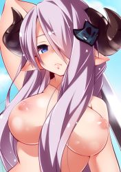 Rule 34 | 10s, 1girl, :&lt;, arm behind head, arm up, blue background, blue eyes, breasts, close-up, closed mouth, collarbone, draph, granblue fantasy, hair ornament, hair over one eye, hairclip, horns, large breasts, narmaya (granblue fantasy), nipples, nude, pink hair, pink lips, pointy ears, simple background, single horn, solo, upper body, uzura kazuhisa