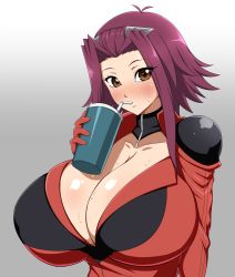 Rule 34 | 1girl, biker clothes, blush, breasts, brown eyes, cleavage, drinking, gloves, highres, huge breasts, izayoi aki, jabara tornado, long hair, looking at viewer, open clothes, red hair, short hair, simple background, solo, sweat, upper body, white background, yu-gi-oh!, yu-gi-oh! 5d&#039;s