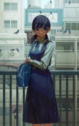 Rule 34 | 1girl, absurdres, bag, belt, belt buckle, bird, black hair, blue dress, blue ribbon, blue sky, buckle, building, chainsaw man, city, closed mouth, collared shirt, crow, day, dress, expressionless, feet out of frame, fourth east high school uniform, highres, long hair, long sleeves, looking at viewer, low twintails, mitaka asa, neck ribbon, outdoors, pinafore dress, pleated dress, railing, ribbon, school bag, school uniform, shirt, shoulder bag, sky, sleeveless, sleeveless dress, solo, tachibana tsu, twintails, white shirt
