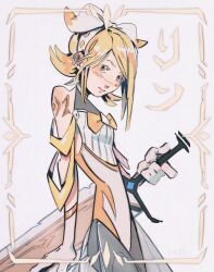 Rule 34 | 1girl, artist name, blonde hair, bow, commentary, cowboy shot, ear piercing, english commentary, hair bow, hairband, high collar, highres, holding, holding sword, holding weapon, kagamine rin, looking at viewer, piercing, short hair, sleeveless, solo, sword, vocaloid, weapon, yafo ai
