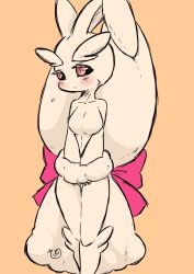 Rule 34 | 1girl, animal ears, artist request, black sclera, blush, bow, breasts, collarbone, colored sclera, covering crotch, covering privates, creatures (company), embarrassed, furry, furry female, game freak, gen 4 pokemon, looking away, lopunny, medium breasts, monochrome, nintendo, no nipples, orange background, own hands together, pink bow, pink eyes, pokemon, pokemon (creature), pokemon dppt, rabbit ears, signature, simple background, solo, spot color, standing, text focus, thigh gap