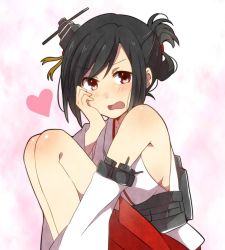 Rule 34 | 10s, 1girl, bare shoulders, black hair, breasts, detached sleeves, fetal position, folded ponytail, hair ornament, hair up, hand on own cheek, hand on own face, japanese clothes, kantai collection, large breasts, nontraditional miko, open mouth, personification, red eyes, short hair, sitting, solo, wavy mouth, yamashiro (kancolle), yukichi (eikichi)