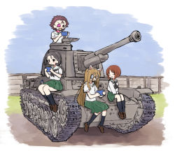 Rule 34 | 4girls, animal ears, black neckerchief, black socks, blouse, blue sky, brown footwear, brown hair, cat ears, closed eyes, closed mouth, coke-bottle glasses, collar, commentary, day, detached collar, emblem, eyepatch, facing another, fake animal ears, food, fruit, girls und panzer, glasses, green skirt, grey eyes, grey hair, hair between eyes, hair pulled back, hair tie, hairband, handheld game console, highres, holding, holding handheld game console, kneehighs, loafers, long hair, long sleeves, looking at viewer, low ponytail, medium skirt, military, military vehicle, miniskirt, momogaa (girls und panzer), motor vehicle, multiple girls, neckerchief, nekonyaa (girls und panzer), nishizumi miho, no neckwear, on vehicle, ooarai (emblem), ooarai school uniform, open mouth, outdoors, peach, pink collar, pink hairband, piyotan (girls und panzer), playing games, pleated skirt, ponytail, ri (qrcode), round eyewear, sailor collar, school uniform, serafuku, shirt, shoes, short hair, short sleeves, sitting, skirt, sky, smile, socks, tank, type 3 chi-nu, v arms, white sailor collar, white shirt