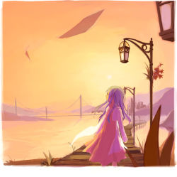 Rule 34 | 1girl, asami (artist), bridge, dress, lamppost, leaf, looking back, original, purple hair, river, sky, solo, sunset