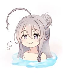 Rule 34 | 1girl, absurdres, ahoge, bathing, braid, chibi, commentary request, grey eyes, grey hair, hair bun, highres, hoshi syoko, huge ahoge, idolmaster, idolmaster cinderella girls, long hair, nude, partially submerged, side braid, smile, solo, takesoboro, upper body, water