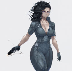 Rule 34 | 1girl, 702 96, abs, absurdres, artificial eye, black hair, breasts, cleavage, collarbone, cowboy shot, cyberpunk (series), cyborg, gloves, glowing, glowing eyes, green jumpsuit, gun, handgun, highres, holding, holding gun, holding weapon, jumpsuit, large breasts, long hair, looking at viewer, mechanical eye, muscular, muscular female, obliques, original, scar, solo, tall female, thick thighs, thighs, toned, weapon, white background