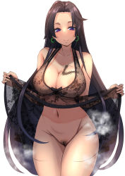 Rule 34 | 1girl, alternate hair length, alternate hairstyle, breasts, bug, centipede, collarbone, dialogue box, earrings, female pubic hair, highres, himemushi momoyo, jewelry, large breasts, lingerie, long hair, navel, nipples, no panties, pubic hair, see-through, solo, tattoo, textless version, touhou, underwear, very long hair, yukito (dreamrider)