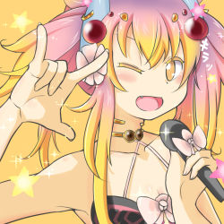 Rule 34 | 1girl, \m/, blonde hair, check commentary, colored eyelashes, commentary request, duel monster, fangs, gradient hair, microphone, multicolored hair, name connection, one eye closed, pud+854, seikan hikou, traptrix mantis, yellow background, yellow eyes, yu-gi-oh!