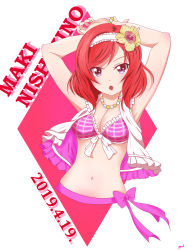 Rule 34 | 1girl, absurdres, arm behind head, arm up, artist request, bare shoulders, bikini, bikini skirt, blush, female focus, flower, hair flower, hair ornament, heart, hibiscus, highres, jewelry, looking at viewer, love live!, love live! school idol project, natsuiro egao de 1 2 jump!, navel, necklace, nishikino maki, pearl necklace, purple eyes, red hair, see-through, short hair, smile, solo, swimsuit