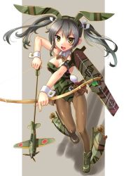 Rule 34 | 10s, 1girl, animal ears, arrow (projectile), bow, bow (weapon), bowtie, breasts, brown pantyhose, camouflage, cleavage, detached collar, drawing bow, fake animal ears, flight deck, full body, grey hair, hair ribbon, holding, holding bow (weapon), holding weapon, jpeg artifacts, kantai collection, katahira masashi, large breasts, leotard, long hair, open mouth, pantyhose, playboy bunny, rabbit ears, rabbit tail, ribbon, smile, solo, tail, twintails, weapon, wrist cuffs, zuikaku (kancolle)