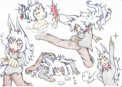 Rule 34 | 1girl, :d, absurdres, all fours, animal ears, bath, blue hair, blush, bound, bound wrists, brown pants, collar, commentary request, dog child (doitsuken), dog ears, doitsuken, ears down, fang, grey shirt, hair ribbon, highres, jumping, kicking, long hair, looking at viewer, motion blur, multiple views, open mouth, original, pants, red eyes, ribbon, scan, shirt, shoes, slit pupils, smelling, smile, spiked collar, spikes, sweatdrop, traditional media, translation request, very long hair