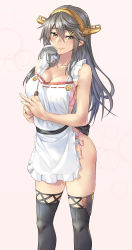 Rule 34 | 1girl, adapted costume, apron, blush, bra, breasts, cleavage, collarbone, gold headband, grey hair, haruna (kancolle), headgear, highres, jewelry, kantai collection, kokuzou, ladle, large breasts, long hair, looking at viewer, nearly naked apron, panties, pink background, pink bra, pink panties, ring, smile, solo, standing, thighhighs, underwear, upper body, wedding band, yellow eyes