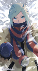 Rule 34 | 1boy, aqua hair, blue eyes, commentary request, creatures (company), day, eyelashes, game freak, grusha (pokemon), highres, jacket, long sleeves, looking at viewer, male focus, mittens, nintendo, outdoors, poke ball print, pokemon, pokemon sv, satomune s, scarf, scarf over mouth, snowing, solo, upper body, yellow jacket