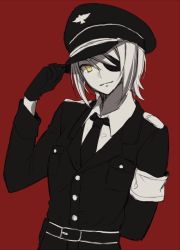 Rule 34 | 10s, 1girl, eyepatch, hat, kantai collection, looking at viewer, peaked cap, red background, short hair, simple background, smile, solo, tenryuu (kancolle), yellow eyes, yue teitoku