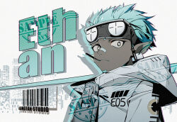Rule 34 | 1boy, aqua hair, arknights, bad id, bad pixiv id, barcode, character name, closed mouth, coat, dark-skinned male, dark skin, ethan (arknights), goggles, goggles around neck, hood, hood down, hooded coat, jacknavy, looking at viewer, male focus, mouth hold, pointy ears, short hair, solo, upper body, white coat, white eyes