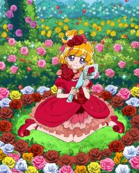 Rule 34 | 1girl, asahina mirai, blonde hair, dress, flower, full body, highres, layered dress, mahou girls precure!, medium hair, official art, one side up, precure, precure connection puzzlun, puffy short sleeves, puffy sleeves, purple eyes, red dress, red flower, red footwear, red rose, rose, short sleeves, sitting, smile, solo, wariza