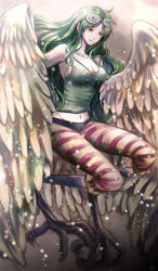 Rule 34 | 1girl, breasts, cleavage, eyewear on head, feathered wings, green hair, harpy, long hair, midriff, monet (one piece), monster girl, navel, one piece, philippa, solo, striped, winged arms, wings, yellow eyes