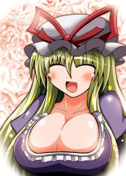 Rule 34 | 1girl, :d, blonde hair, blush, breasts, cleavage, closed eyes, collarbone, dress, female focus, floral background, flower, hair between eyes, happy, hat, hat ribbon, huge breasts, kotorimax, long hair, looking at viewer, mob cap, neck, no arms, open mouth, plant, puffy sleeves, purple dress, ribbon, rose background, shiny clothes, smile, solo, tongue, touhou, upper body, very long hair, yakumo yukari