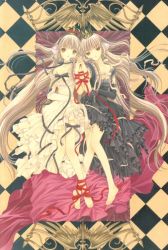 Rule 34 | 00s, 2girls, bare shoulders, barefoot, bed, bed sheet, black &amp; white, black dress, black vs white, bound, brown eyes, checkered background, chii, chobits, clamp, dress, elda, feet, freya, freya (chobits), from above, long hair, looking at viewer, mirror opposites, multiple girls, off shoulder, official art, on bed, ribbon, ribbon bondage, silver hair, simple background, symmetry, very long hair, white dress, yuri