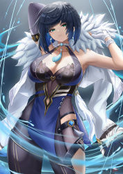 Rule 34 | 1girl, arms up, asymmetrical gloves, bare shoulders, blue hair, blunt bangs, breasts, cleavage, commentary, cowboy shot, cyicheng, fur-trimmed jacket, fur trim, genshin impact, gloves, green eyes, head tilt, jacket, large breasts, looking at viewer, mismatched gloves, mole, mole on breast, parted lips, short hair, sleeveless, solo, standing, thighs, white gloves, white jacket, yelan (genshin impact)