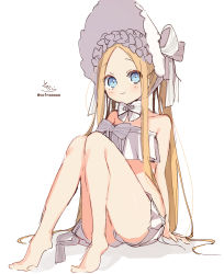 Rule 34 | 1girl, abigail williams (fate), abigail williams (swimsuit foreigner) (fate), abigail williams (swimsuit foreigner) (third ascension) (fate), absurdres, bare arms, bare legs, bare shoulders, barefoot, bikini, blonde hair, blue eyes, blush, bonnet, bow, closed mouth, fate/grand order, fate (series), forehead, full body, hair bow, highres, knees together feet apart, knees up, long hair, looking at viewer, parted bangs, shadow, signature, sitting, sofra, solo, strapless, strapless bikini, striped, striped bow, swimsuit, twintails, twitter username, very long hair, white background, white bikini, white bow, white headwear