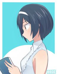 Rule 34 | 10s, 1girl, absurdres, alternate hair length, alternate hairstyle, artist name, black hair, blue background, blue shirt, book, brown eyes, casual, cbgb, closed mouth, collared shirt, commentary, from side, frown, girls und panzer, hairband, highres, holding, holding book, profile, reizei mako, shirt, short hair, signature, sleeveless, sleeveless shirt, solo, striped clothes, striped shirt, upper body, vertical-striped clothes, vertical-striped shirt, white hairband