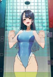 Rule 34 | 1girl, :d, bare arms, bare shoulders, black hair, blue one-piece swimsuit, breasts, competition swimsuit, cowboy shot, earrings, highres, indoors, jewelry, joy-con, kabu (niniko2ko), large breasts, long hair, looking at viewer, low poly, one-piece swimsuit, open mouth, original, pixel art, red eyes, shower (place), shower head, smile, solo, swimsuit, very long hair