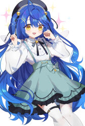 Rule 34 | 1girl, :d, ahoge, amamiya kokoro, bell, beret, black hat, black ribbon, blue hair, blue skirt, blush, clenched hands, commentary request, feet out of frame, frilled skirt, frills, hair bell, hair intakes, hair ornament, hair ribbon, hairclip, hands up, hat, highres, jingle bell, long hair, long sleeves, looking at viewer, nijisanji, open mouth, puffy long sleeves, puffy sleeves, ribbon, shadowsinking, shirt, simple background, skirt, smile, solo, sparkle background, suspender skirt, suspenders, thighhighs, two side up, very long hair, virtual youtuber, white background, white shirt, white thighhighs, x hair ornament, yellow eyes