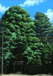 Rule 34 | absurdres, aki (aki k6), blue sky, cloud, commentary request, day, forest, gate, green theme, highres, nature, no humans, original, outdoors, power lines, scenery, signature, sky, torii, tree, utility pole