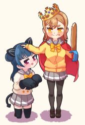 Rule 34 | &gt;:), 2girls, animal ears, animal hands, baguette, black footwear, black legwear, blue hair, blush, bow, bowtie, bread, brown hair, buttons, cape, cardigan, cat ears, commentary request, demon tail, dodapan, double-breasted, fang, food, food bite, food on face, full body, gloves, grey skirt, hair bun, halloween costume, hand on another&#039;s head, highres, holding, holding sword, holding weapon, kneeling, korean commentary, kunikida hanamaru, looking at viewer, love live!, love live! sunshine!!, miniskirt, multiple girls, open mouth, pantyhose, paw gloves, pleated skirt, purple eyes, red cape, school uniform, serafuku, shoes, side bun, single side bun, skirt, standing, sweatdrop, sword, tail, thighhighs, tsushima yoshiko, uranohoshi school uniform, weapon, white background, yellow cardigan, yellow eyes, yellow neckwear