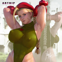 Rule 34 | 1girl, ahoge, alternate breast size, antenna hair, armpits, arms behind head, arms up, artnip, ass, beret, blonde hair, blue eyes, bodypaint, braid, breasts, buck teeth, cammy white, covered erect nipples, covered navel, cowboy shot, garrison cap, gloves, green leotard, hat, highleg, highleg leotard, huge ahoge, leotard, lips, lipstick, long hair, looking at viewer, makeup, medium breasts, muscular, muscular female, parted lips, realistic, red hat, reflection, ribbed leotard, scar, signature, solo, street fighter, street fighter ii (series), teeth, thick eyebrows, thick thighs, thighs, thong leotard, twin braids