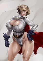 Rule 34 | 1girl, absurdres, bare legs, blonde hair, bonten, boots, breasts, cape, cleavage, cleavage cutout, clothing cutout, covered erect nipples, curvy, dc comics, female focus, grey background, highleg, highleg leotard, highres, huge breasts, jpeg artifacts, legs, leotard, looking at viewer, nipples, no bra, power girl, shiny skin, short hair, simple background, smile, solo, standing, thong leotard