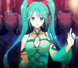 Rule 34 | 1girl, aqua eyes, aqua hair, china dress, chinese clothes, cleavage cutout, clothing cutout, detached sleeves, dress, hatsune miku, headset, long hair, project diva, project diva (series), project diva f, smile, solo, tayoko, twintails, vocaloid, world&#039;s end dancehall (vocaloid)