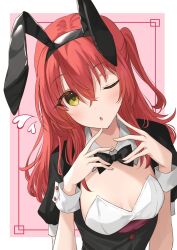 Rule 34 | 1girl, ;o, alternate costume, animal ears, black bow, black bowtie, bocchi the rock!, bow, bowtie, breasts, cleavage, commentary request, detached collar, fake animal ears, green eyes, hair between eyes, highres, kanaria hisagi, kita ikuyo, looking at viewer, maid, medium breasts, medium hair, one eye closed, pink background, rabbit ears, red hair, solo, upper body, wrist cuffs