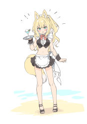 Rule 34 | 1girl, animal ear fluff, animal ears, apron, blonde hair, blush, bow, crop top, cup, drinking glass, fox ears, fox girl, fox tail, full body, fuwafuwa-chan (kamiyoshi rika), highres, holding, holding tray, kamiyoshi rika, long hair, looking at viewer, maid, maid apron, maid headdress, midriff, navel, open mouth, original, ponytail, red bow, smile, solo, standing, tail, tray, wavy hair, white background, white bow, wrist cuffs