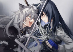 Rule 34 | 2girls, absurdres, animal ear fluff, animal ears, arknights, black coat, black hair, black vest, blue gloves, blue necktie, coat, collared shirt, commentary, eye contact, fangs, fighting, fingerless gloves, fur-trimmed sleeves, fur trim, gloves, goma 74umai, grey eyes, grey hair, hair between eyes, hair ornament, hairclip, highres, holding, holding sword, holding weapon, lappland (arknights), lappland (refined horrormare) (arknights), long hair, long sleeves, looking at another, messy hair, multiple girls, necktie, official alternate costume, open mouth, puffy sleeves, shadow, shirt, sidelocks, sword, teeth, texas (arknights), texas the omertosa (arknights), upper body, upper teeth only, vest, weapon, white shirt, wolf ears, wolf girl, yellow eyes