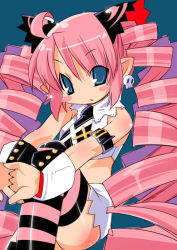Rule 34 | 00s, 1girl, ahoge, aqua eyes, blue background, blush stickers, body blush, drill hair, earrings, esmerelda, interlocked fingers, jewelry, long hair, looking at viewer, own hands together, pink hair, pointy ears, saint october, simple background, sitting, skull, solo, striped clothes, striped thighhighs, thighhighs, very long hair, zankuro