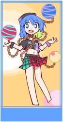 Rule 34 | 1girl, :d, ahoge, bare legs, barefoot, black shirt, blue border, blue eyes, blue hair, blue nails, border, bracelet, bright pupils, chain, clothes writing, collar, crop top, eyebrows, floating, floating object, full body, gold chain, hecatia lapislazuli, hecatia lapislazuli (earth), hemogurobin a1c, jewelry, looking at viewer, matching hair/eyes, midriff, miniskirt, multicolored clothes, multicolored skirt, nail polish, navel, open mouth, orb, plaid, plaid skirt, round teeth, shirt, short hair, simple background, skirt, smile, solo, stomach, t-shirt, teeth, touhou, two-tone background, w arms, white pupils