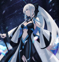 Rule 34 | 1girl, black bow, black dress, blue eyes, bow, braid, breasts, center opening, cleavage, dress, fate/grand order, fate (series), french braid, grey hair, hair bow, large breasts, long hair, long sleeves, morgan le fay (fate), navel, pelvic curtain, ponytail, sidelocks, snow, solo, spikes, staff, stomach tattoo, tattoo, tiara, tte (t ombi), two-tone dress, very long hair, white dress, wide sleeves
