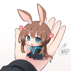 Rule 34 | 1boy, 1girl, :d, amiya (arknights), animal ear fluff, animal ears, arknights, ascot, beni shake, between legs, black jacket, blue eyes, blue skirt, brown background, brown hair, chibi, commentary, doctor (arknights), gradient background, grey ascot, hair between eyes, hand between legs, heart, hood, hood down, hooded jacket, in palm, jacket, long hair, long sleeves, looking at viewer, low ponytail, mini person, minigirl, open clothes, open jacket, open mouth, out of frame, ponytail, rabbit ears, shirt, sidelocks, signature, sitting, skirt, smile, solo focus, spoken heart, very long hair, white background, white shirt