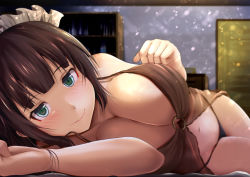 Rule 34 | 1girl, babydoll, bare arms, bare shoulders, bed sheet, black panties, blush, book, bookshelf, breasts, cleavage, clenched hands, close-up, closed mouth, collarbone, commentary request, door, fingernails, green eyes, highres, indoors, kanzaki kureha, large breasts, lingerie, long fingernails, looking at viewer, lying, maid headdress, navel, o-ring, o-ring top, on bed, on side, original, panties, see-through, short hair, smile, solo, stomach, underwear