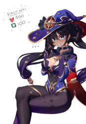 Rule 34 | ..., 1girl, black hair, blue eyes, breasts, cape, cleavage, covering privates, covering breasts, crossed legs, genshin impact, hair tie, hat, hat ribbon, highres, leotard, long hair, looking at viewer, meme, mona (genshin impact), nithros, pantyhose, red cape, ribbon, sitting, small breasts, solo, twintails, twitter strip game (meme), white background, witch hat