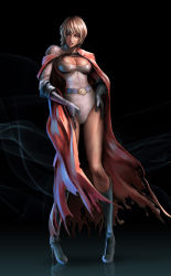 Rule 34 | 1girl, alien, belt, blonde hair, blue eyes, blue footwear, boots, breasts, cape, cleavage, cleavage cutout, clothing cutout, dc comics, gloves, hands on own hips, high heel boots, high heels, highres, ikegami noroshi, kryptonian, large breasts, legs, leotard, long legs, power girl, red cape, revision, short hair, solo, superman (series), thighs, torn cape, torn clothes