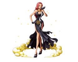 Rule 34 | 1girl, baccarat (one piece), black gloves, bodskih, breasts, cleavage, cleavage cutout, clothing cutout, dress, full body, gloves, hand on own hip, high heels, huge breasts, long hair, one piece, one piece film: gold, one piece treasure cruise, red hair, simple background, sleeveless, sleeveless dress, solo, standing, transparent background
