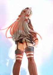 Rule 34 | 10s, 1girl, amatsukaze (kancolle), ass, back-seamed legwear, black panties, bow (bhp), brown eyes, dress, from behind, from below, garter straps, gloves, highres, kantai collection, long hair, looking back, panties, personification, sailor dress, seamed legwear, short dress, silver hair, sketch, solo, thighhighs, twintails, two side up, underwear, white gloves, zettai ryouiki